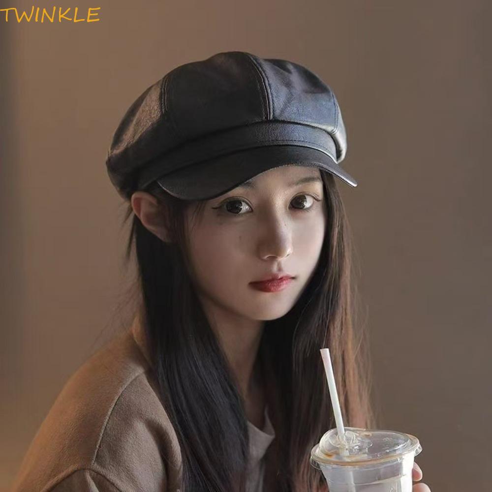 Boné De Boina PU Vintage TWINKLEO , Chapéu De Pintor De Couro Coreano De Cor Sólida Britânica Liso Unissex De Moda Retrô