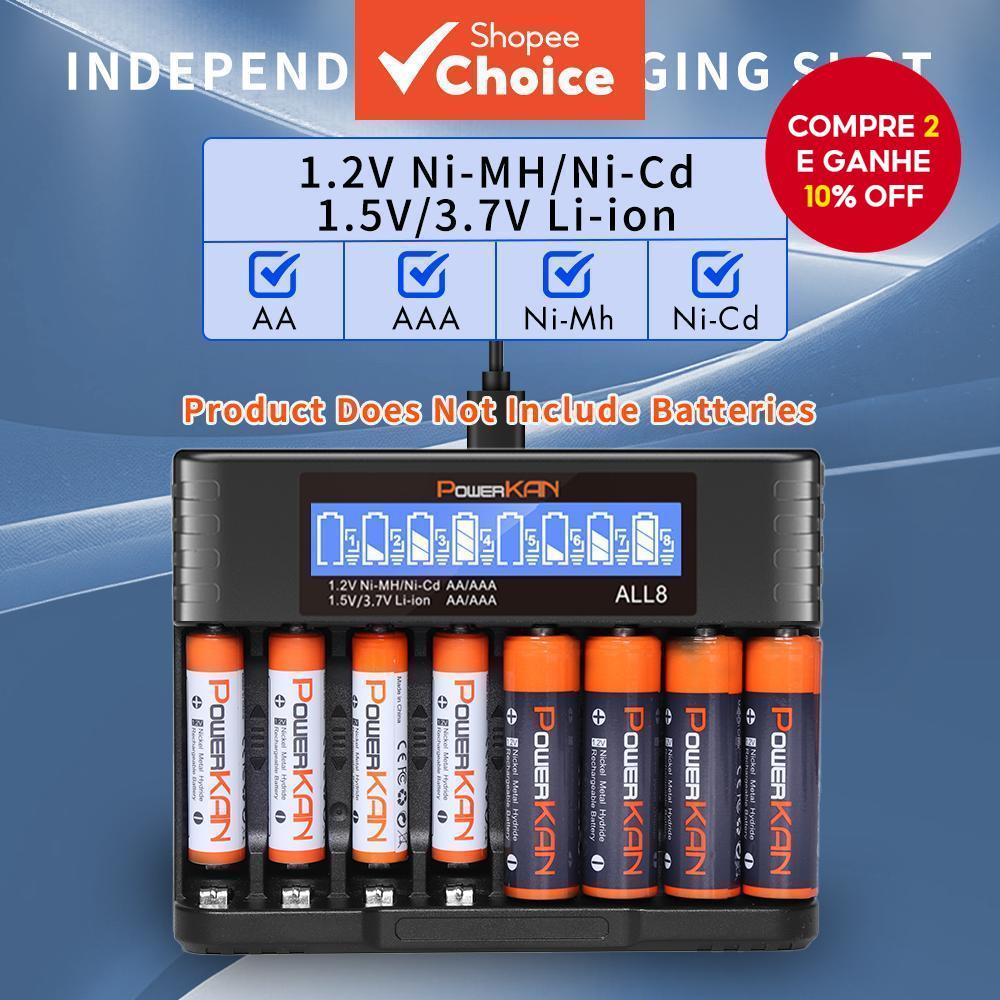 Carregador PowerKAN AA AAA , Carregamento Independente De Alta Velocidade De 8 Slots , Adequado Para Baterias NiMH 1.5V/