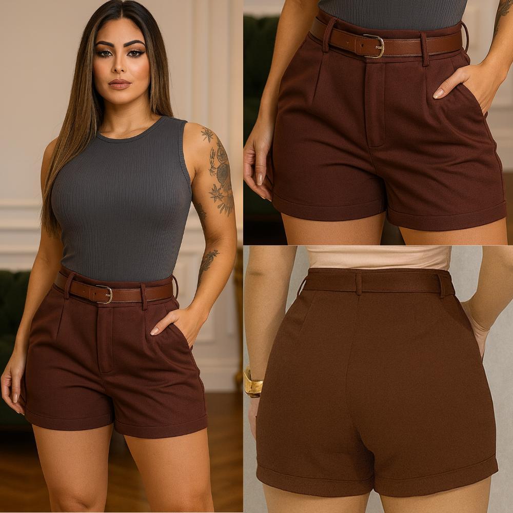 Short Alfaiataria Premium Feminino Social Com Cinto Cintura Alta PROMOÇÃO P-M-G-GG ENVIO IMEDIATO em Oferta na Shopee