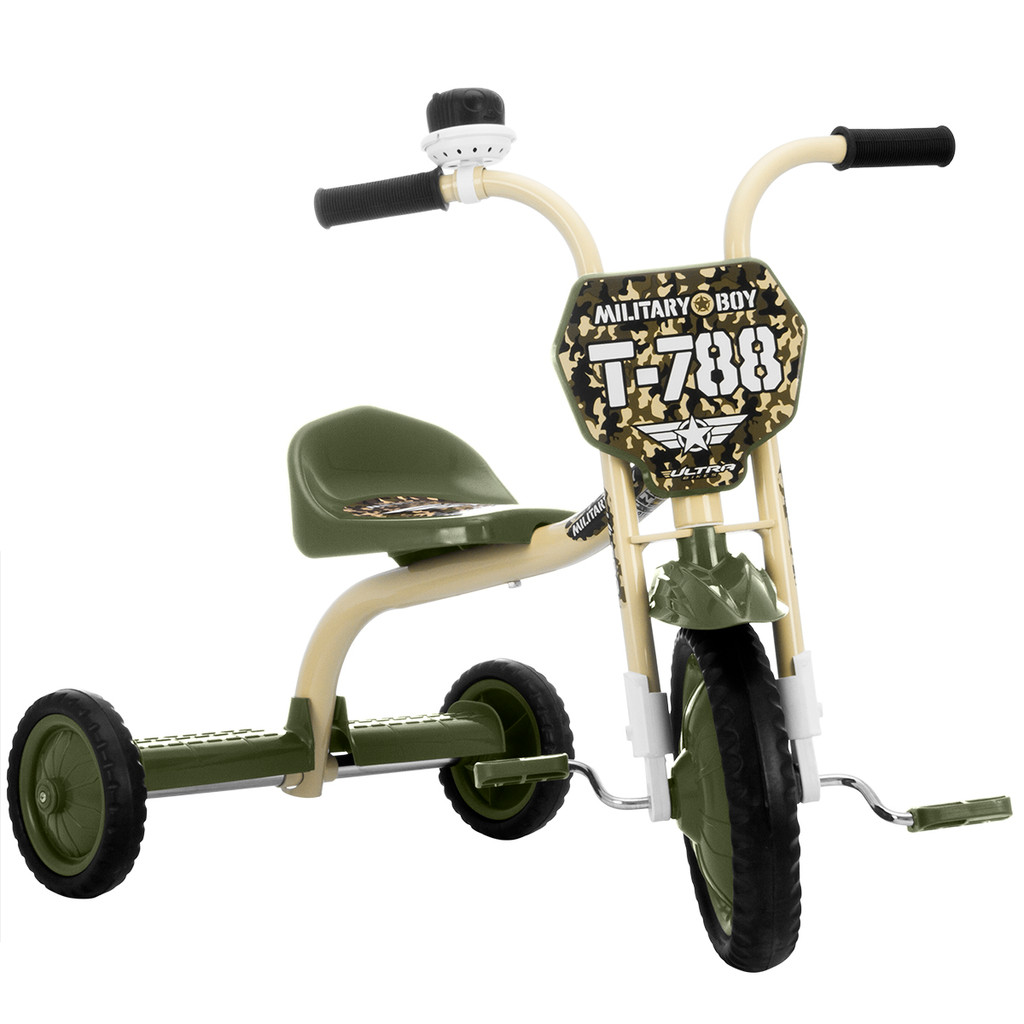Triciclo Infantil Ultra Bikes Military Boy Verde com Number Plate e Buzina a Ar
