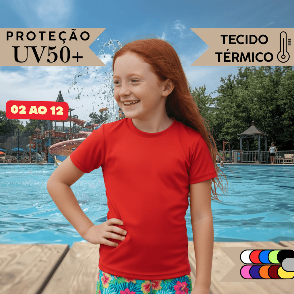 Camisa Térmica Infantil Menina Manga Curta Proteção Solar Segunda Pele de 2 a 12 anos Uv50+