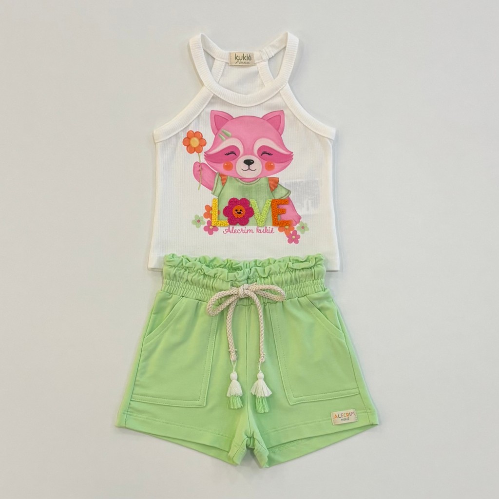 Conjunto Kukie Infantil Menina Blusa Raposa Love e Shorts Verde Neon Verão Moda Kids 86501