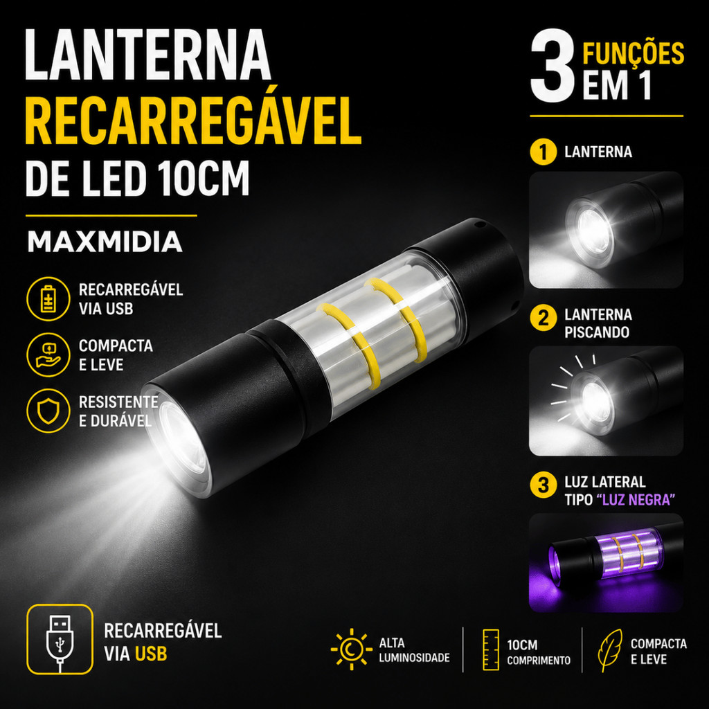 Lanterna Recarregavel de Led 10cm USB  3 Funções - Maxmidia / Camping Emergencia Luz Tatica Iluminação