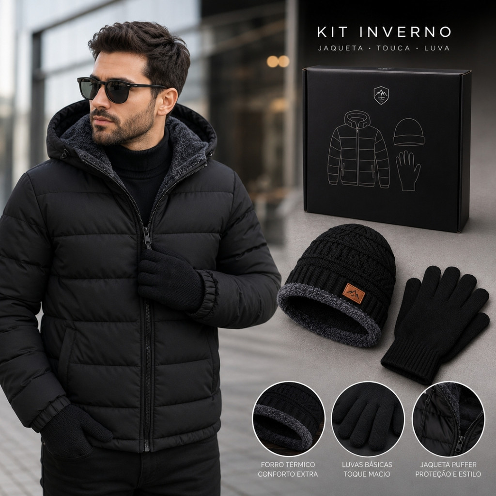 Kit Jaqueta Puffer Bobojaco Touca Gorro Com Cachecol e Luva Kit Inverno Masculino