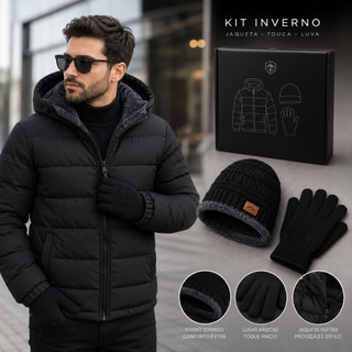 Kit Jaqueta Puffer Bobojaco Touca Gorro Com Cachecol e Luva Kit Inverno Masculino