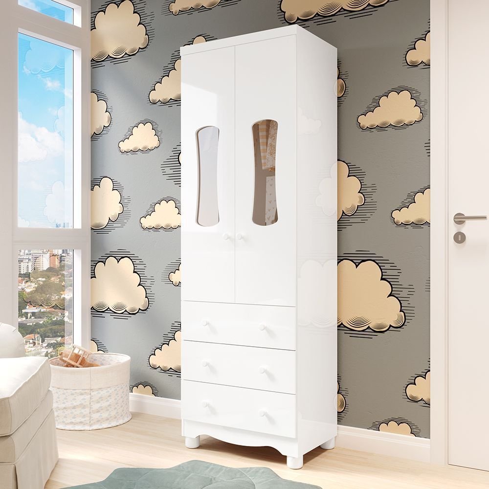 Guarda Roupas Infantil 2 Portas com Janela 3 Gavetas 100% MDF Lana Espresso Móveis Branco/Brilho Branco
