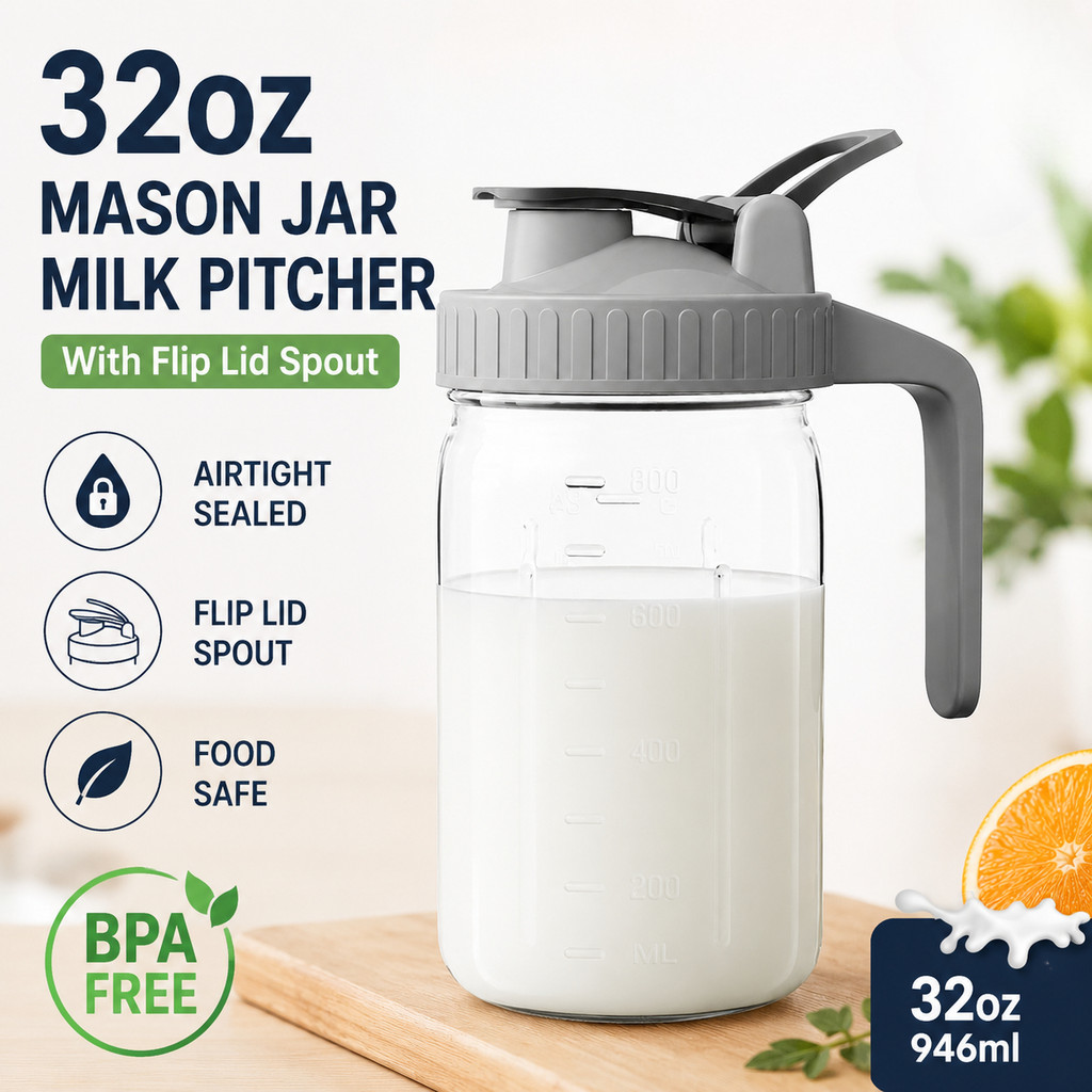 Jarra Mason Jar 32oz Tampa Flip Com Bico Vedação Hermética Para Leite Sucos Água Bebidas