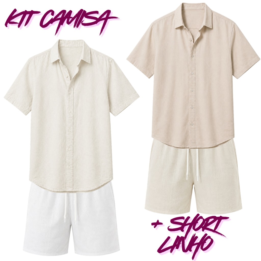 Kit Camisa e Short Linho Masculina Premium Moda Casual P ao GG