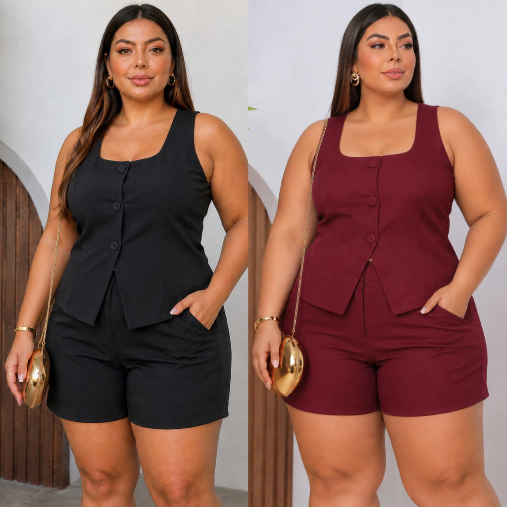 Conjunto Alfaiataria Feminino Elegante Plus Size e Slim Colete com Botões Shorts Moda Casual Social Verão Confortável - — imagem 1