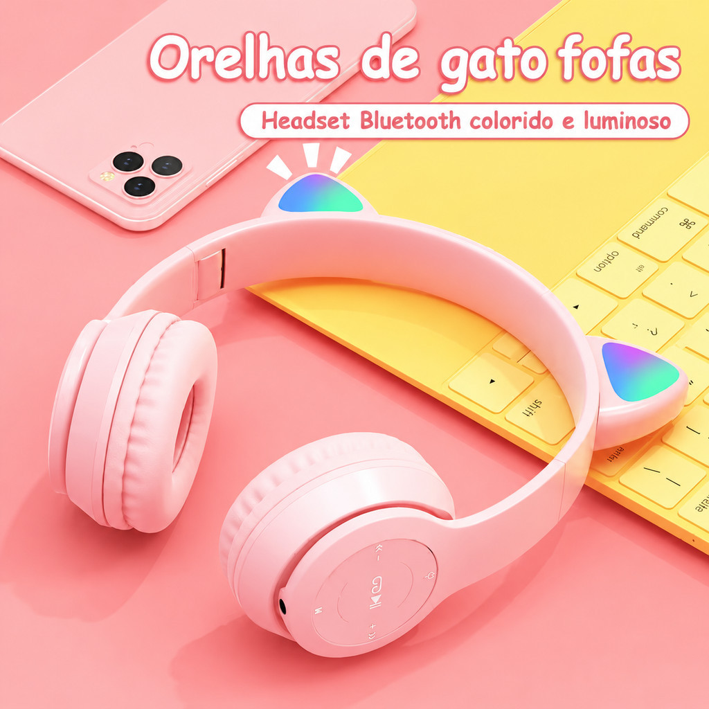 Headphone Cat Ear LED Bluetooth Infantil Com Luzes Coloridas Som Estéreo e Entrada P2