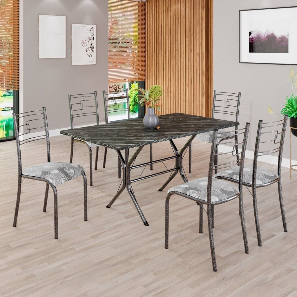 Conjunto Sala de Jantar Mesa Retangular 140x75cm Tampo Pedra Ardósia Indiana 6 Cadeiras Paraty Prata/Paraopeba/Mart