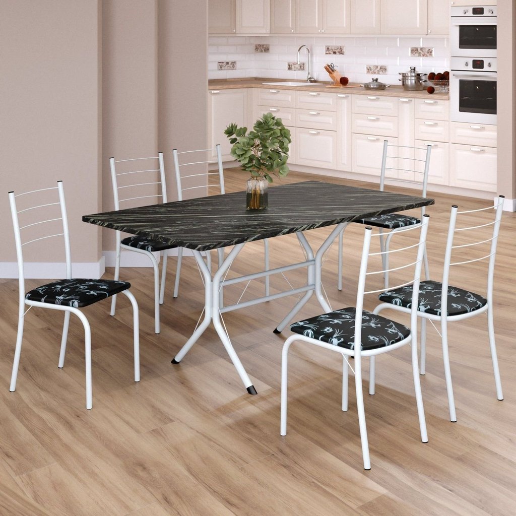 Conjunto Sala de Jantar Mesa Retangular 140x75cm Tampo Ardósia Indiana 6 Cadeiras Rio Branco/Preto Floral Preto