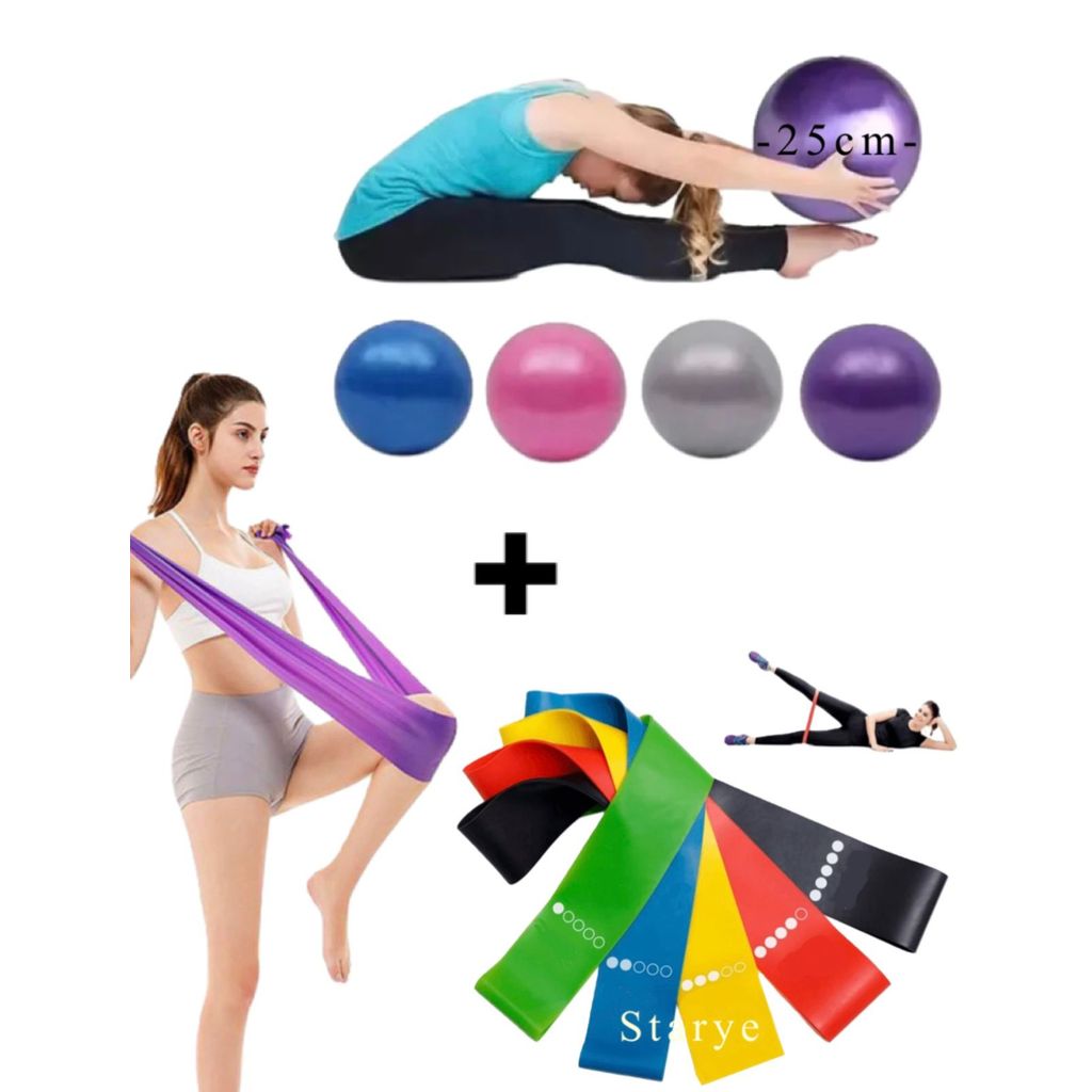 Bola 25 cm Suíça Pilates Pequena + Faixa Elástica Thera band + Kit Mini Band Fisioterapia -STARYE