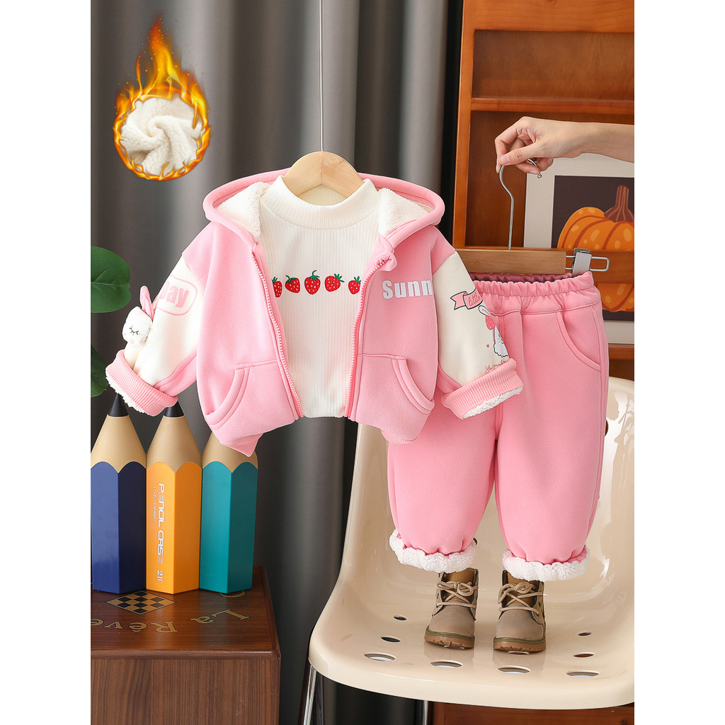 Meninas inverno forro de lã espessamento terno moda versão coreana bebê outono inverno roupas quentes bebê meninas terno