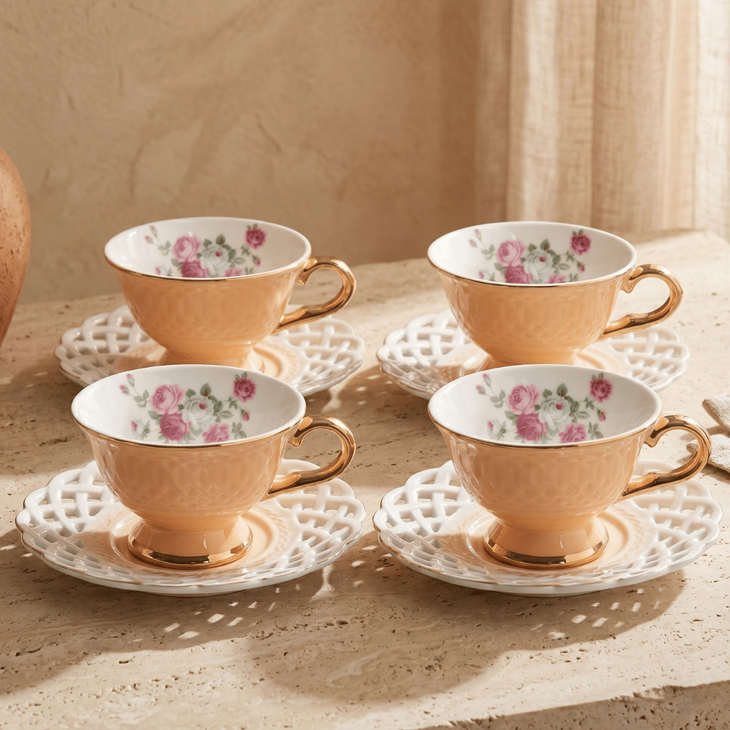 Jogo 4 Xicaras Pires Cha Cafe em Porcelana Fina New Bone Rosas Floral Pires Vazado Filete Ouro 200ml