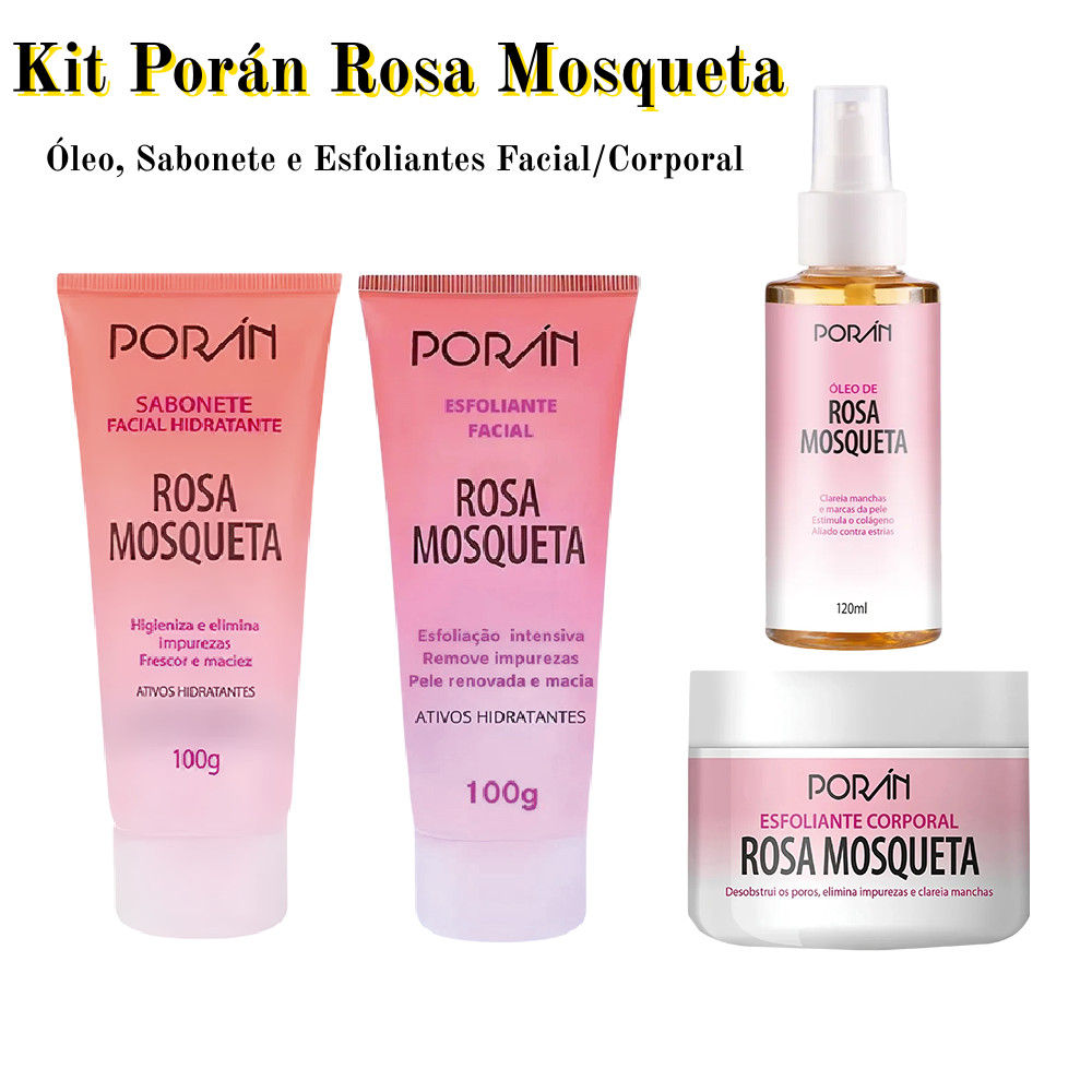 Kit Cuidados Totais Porán Rosa Mosqueta - Limpeza, Esfoliação e Hidratação Completa | Óleo, Sabonete e 2 Esfoliantes