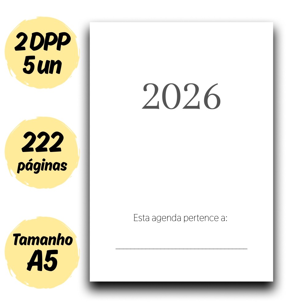 Miolo Agenda Impressa 2026 A5 - 1/3/5 Unidades Branco
