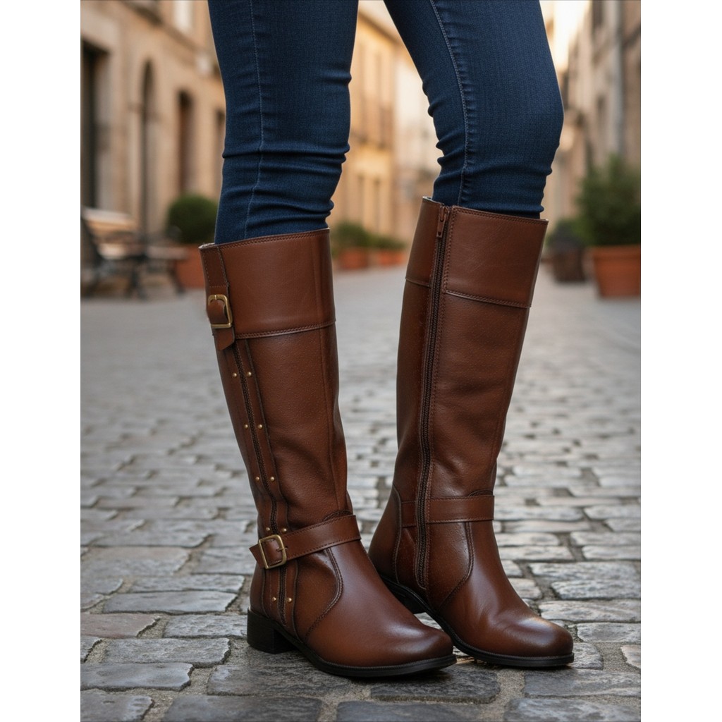 Bota Feminina Cano Alto Montaria Rica em detalhes Fivelas Duplas Top Imperdível