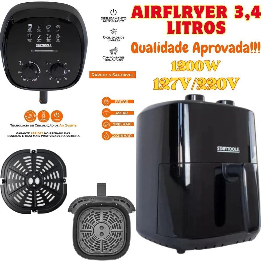 AIRFRYER FRITADEIRA ELÉTRICA 1200W PRETA 3,4L STARTOOLS em Oferta na Shopee
