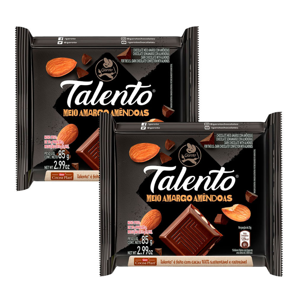 Kit 2 Chocolate Garoto Talento Meio Amargo com Amêndoas 85g