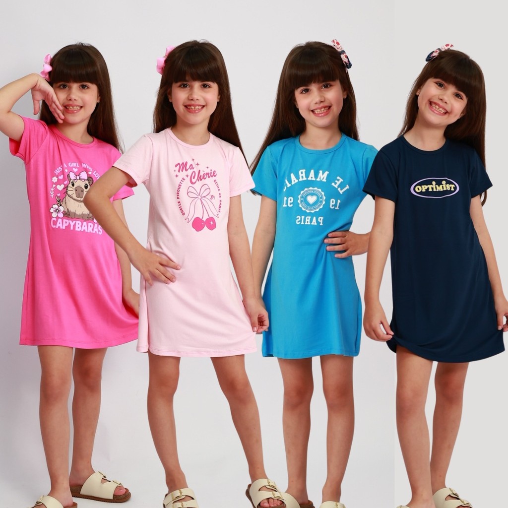 Kit 4 Vestidos Infantis Menina Estampado Manga Curta Verão ENVIO CORES E ESTAMPA SORTIDAS