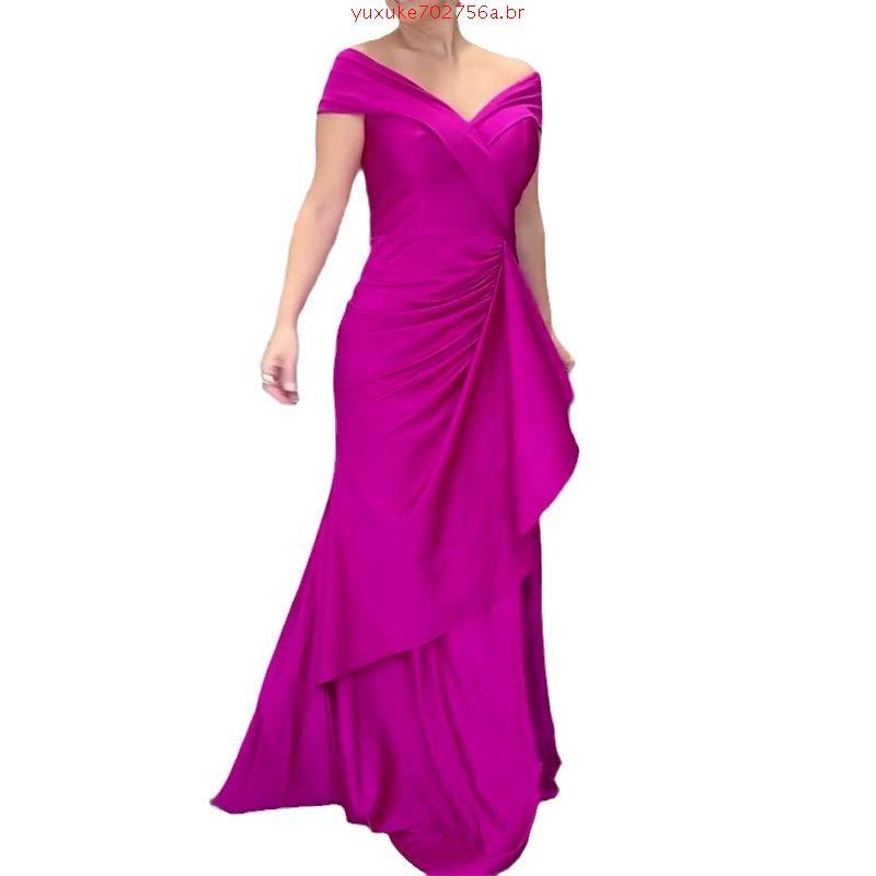 vestido longo de festa ombro a ombro com fenda drapeado elegante rose fucsia marsala marrom + cores