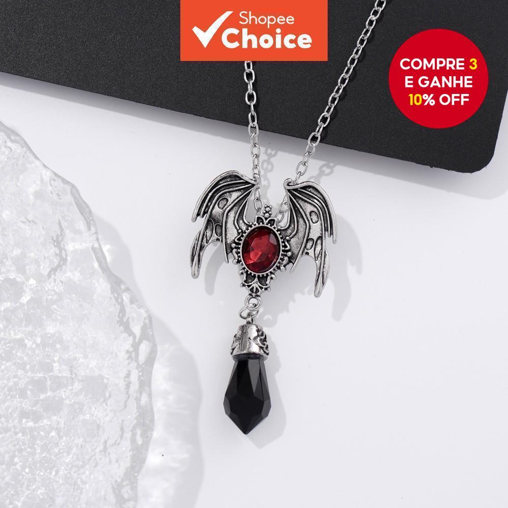 Vintage Punk Preto Pedra Preciosa Morcego Pingente Colar Jóias De Cristal Feminino