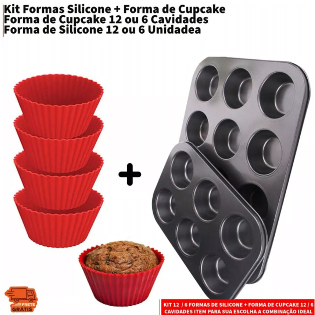 Kit 12 ou 6 Forminhas de Silicone Não Gruda + Forma de Cupcake 12 ou 6 Cavidades Antiaderente Empada em Oferta na Shopee