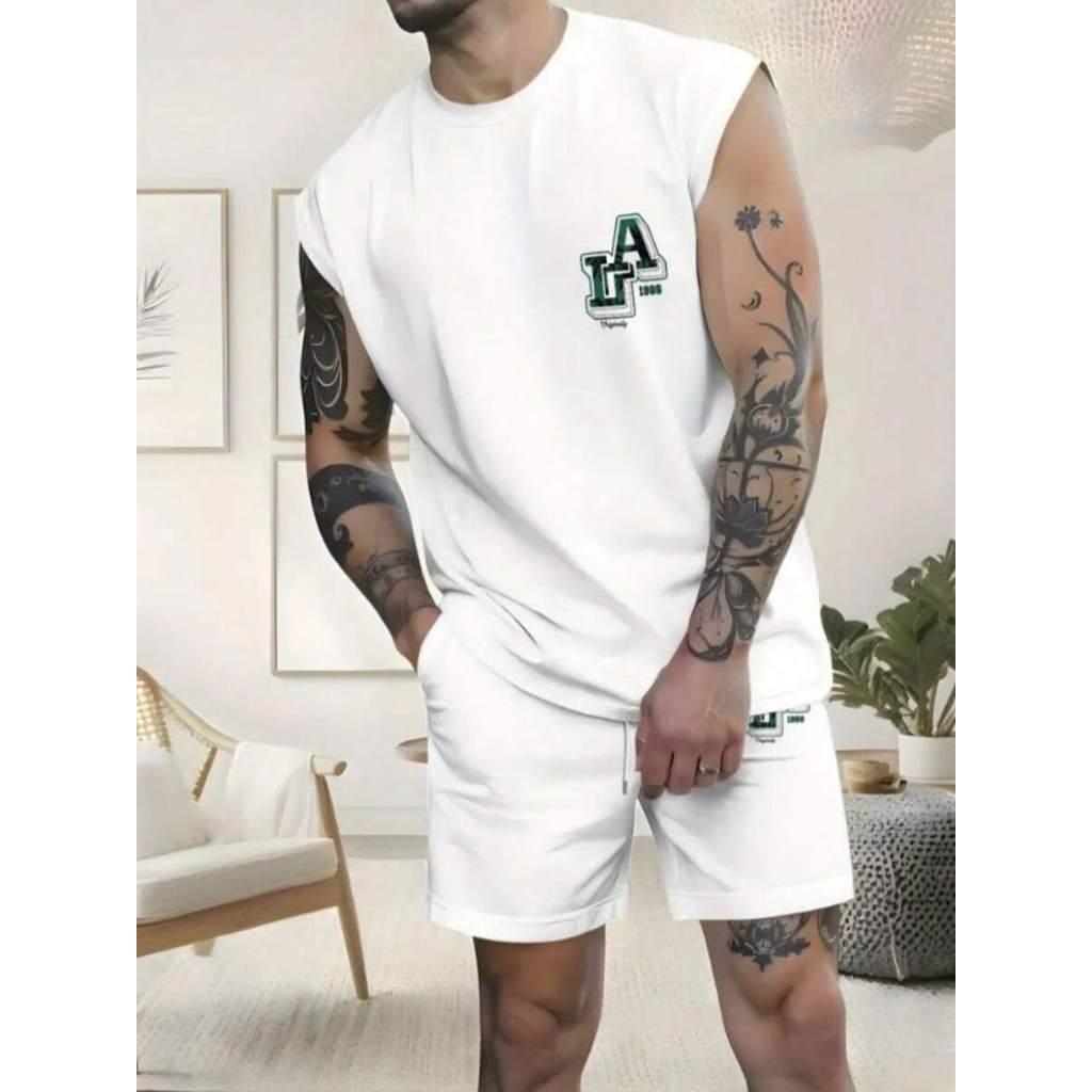 Kit 2 Peças Conjunto Masculino Los Angeles Camiseta Cavada 100% Algodão + Short Tectel Moda Masculina Streetwear Regata