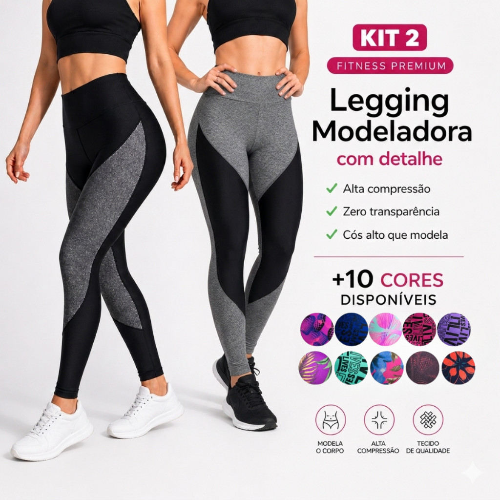 KIT 2 Leggings VIRGINIA Feminina Cós Alto Não Transparente Alta Compressão Academia