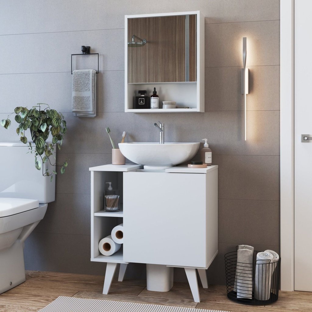 Gabinete para Banheiro de Coluna 01 Porta e Espelheira Slim Branco