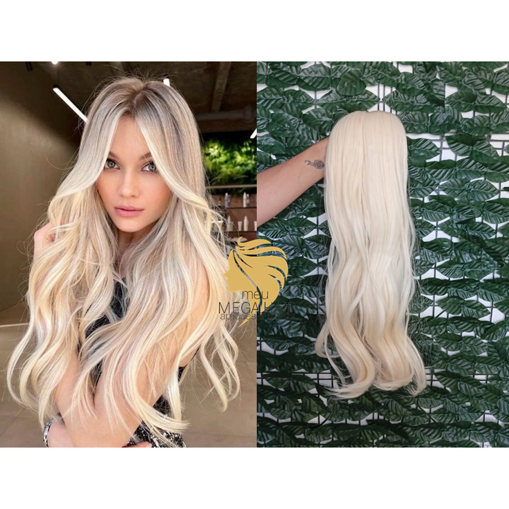 Aplique de Cabelo na Tela Mega Hair Natural Fibra Russa Ondulado Loiro Claríssimo 613 70cm Premium Bella Hair