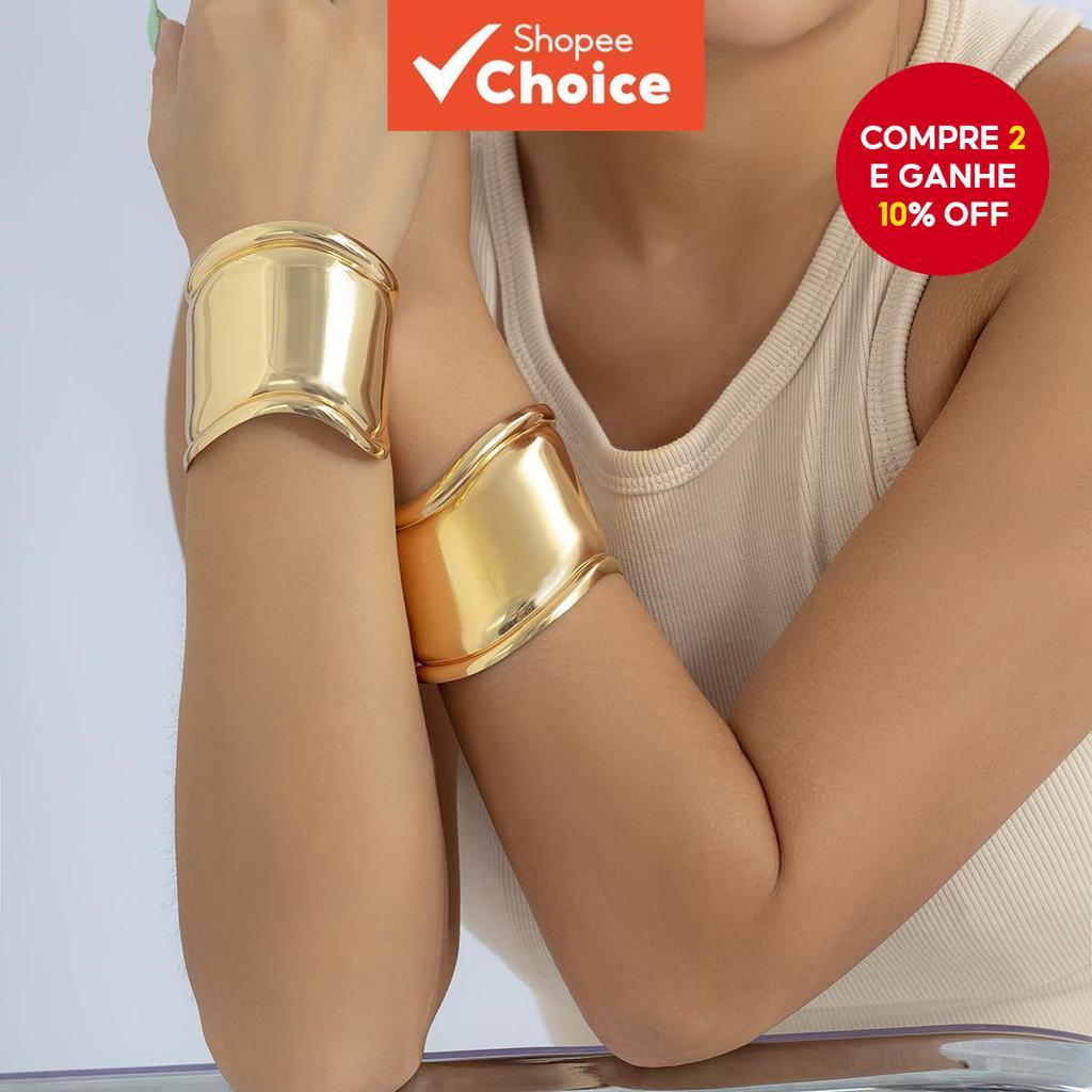 Pulseira Minimalista De Punho Largo Para Mulheres , Aberta De Metal Liso , Joias Empilháveis