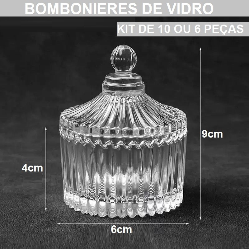 Kit 10 Ou 6 Bombonieres Tampa 90ML 9x6x4CM Multiuso Original Elegante Decorativa De Vidro
