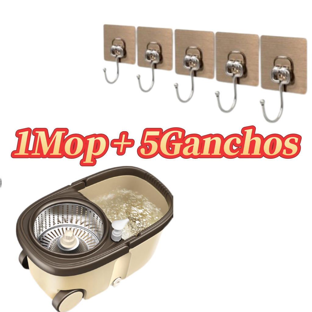 Esfregão Giratório 16L +Acessórios Kit  | 360° Rotativo + Balde Inox + 3 Refis + Rolos de Panos/Ganchos