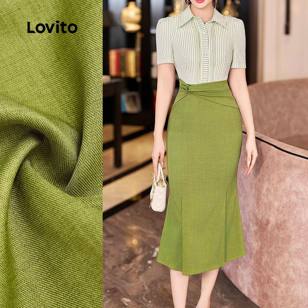 Lovito Botão de Vestido Elegante Vestido Assimétrico Primavera/verão Verde para Mulheres L164LD263 em Oferta na Shopee