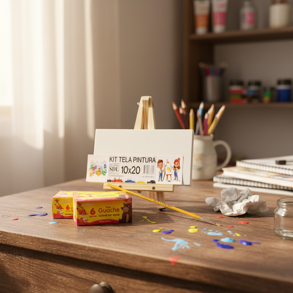 Kit Mini Cavalete + 1 Tela 10x20 + Pincel + 6 Tinta Artes