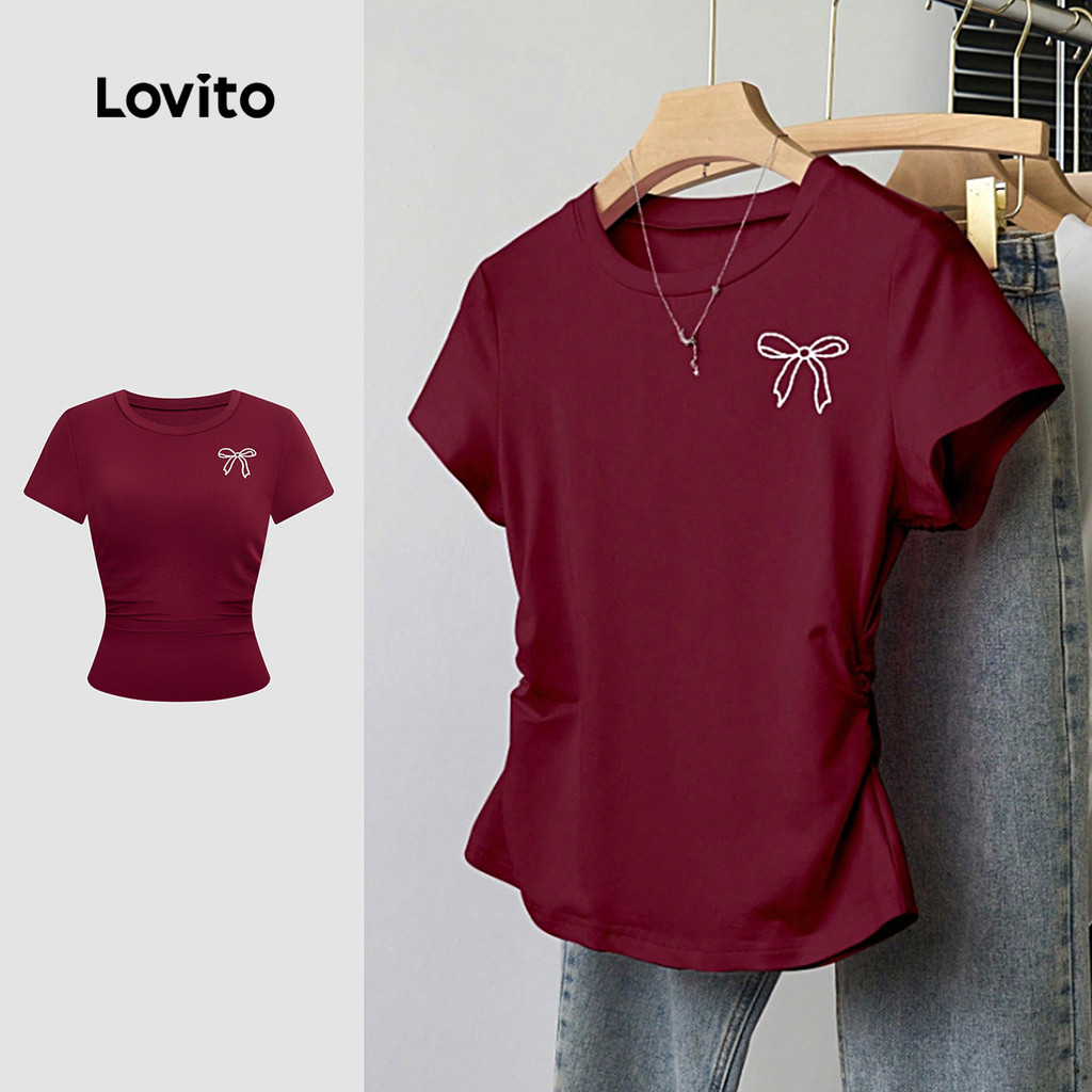 Lovito Camiseta Casual Com Laço E Franzido Cor Vinho Para Mulheres Ideal Para a Primavera/verão L166AD388 em Oferta na Shopee