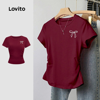 Lovito Camiseta Casual Com Laço E Franzido Cor Vinho Para Mulheres Ideal Para a Primavera/verão L166AD388 em Oferta na Shopee