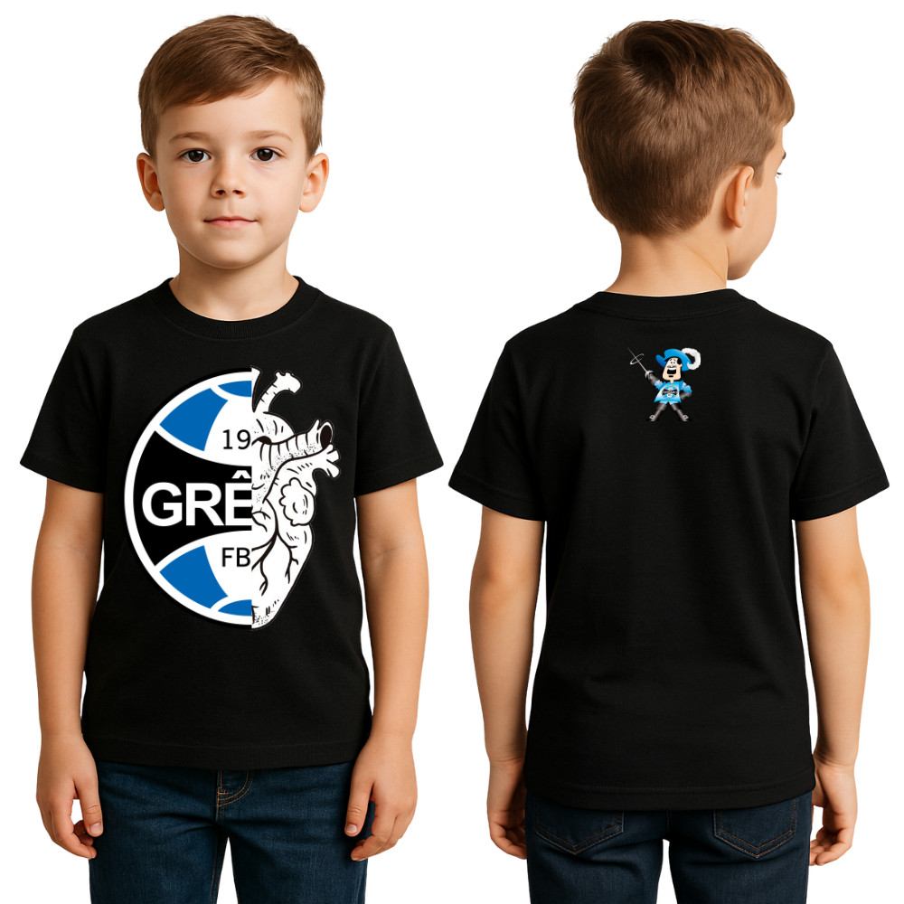 Camiseta Infantil Time Grêmio Preta Estampada Algodão Blusa Futebol Adulto e Juvenil