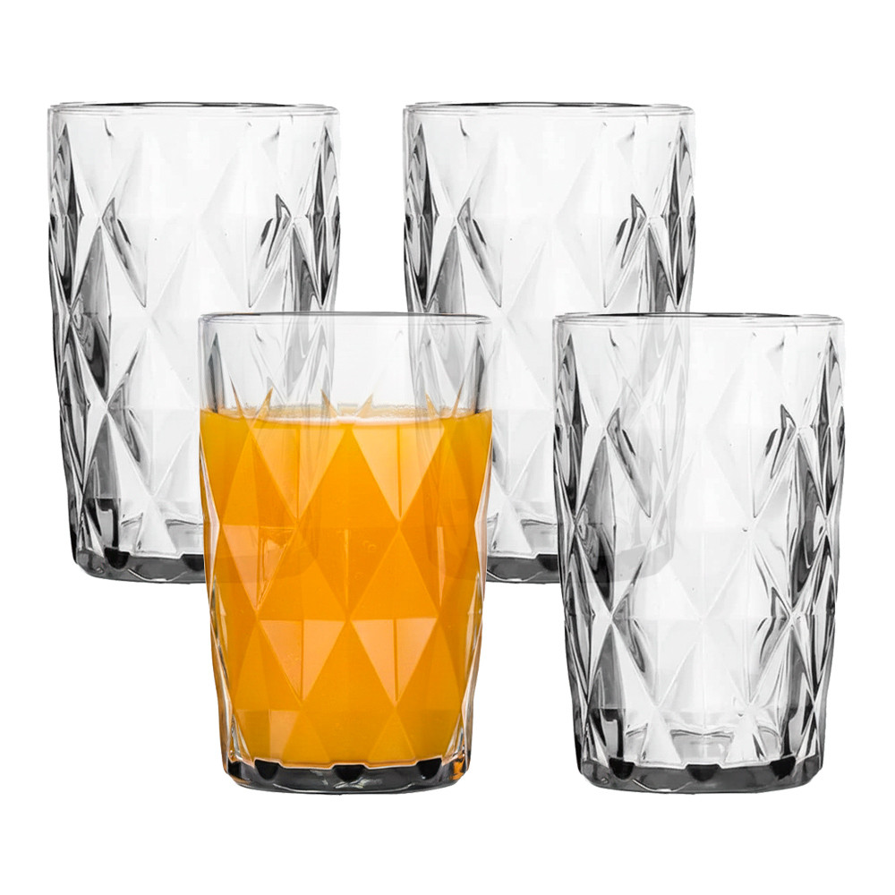 Jogo 4 Copos Diamond de Vidro Diamante Transparente Alto para Água e Drinks 390ml Lyor