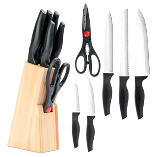 JOGO DE FACAS E TESOURA COM SUPORTE CEPO DE MADEIRA 7 PEÇAS em Oferta na Shopee