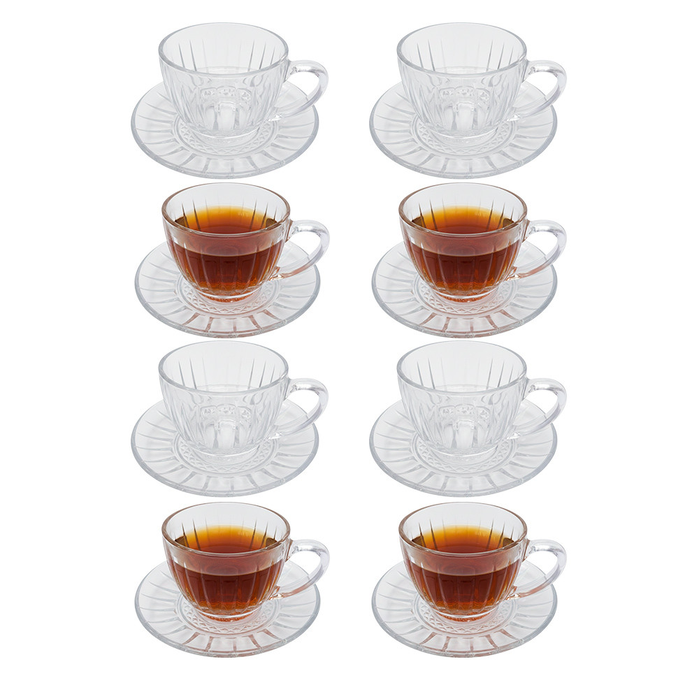 Jogo 8 Xicara de Chá com Pires Vidro Victoria Transparente Café Cappuccino 200ml Haüskraft