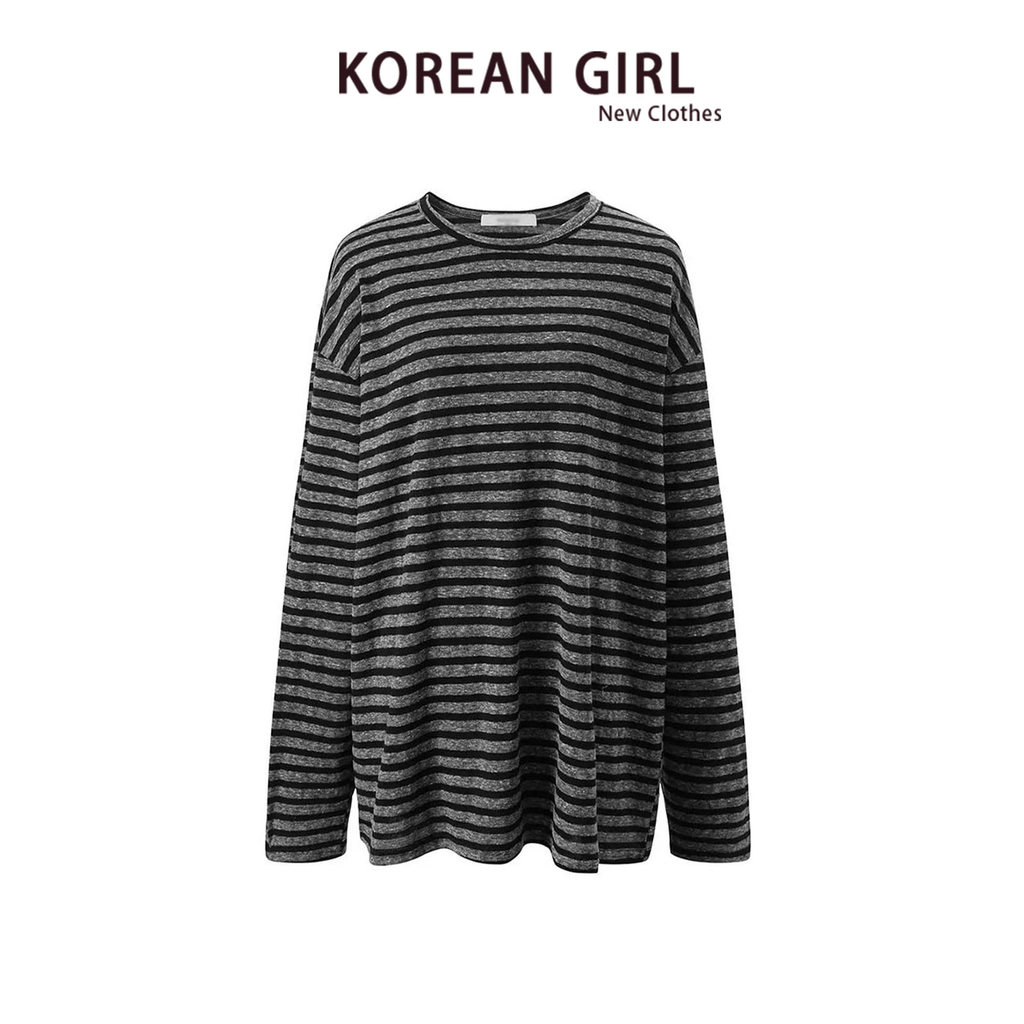 Estilo coreano em torno do pescoço contraste cor listrado manga comprida camiseta feminina outono solto Retro preguiçoso