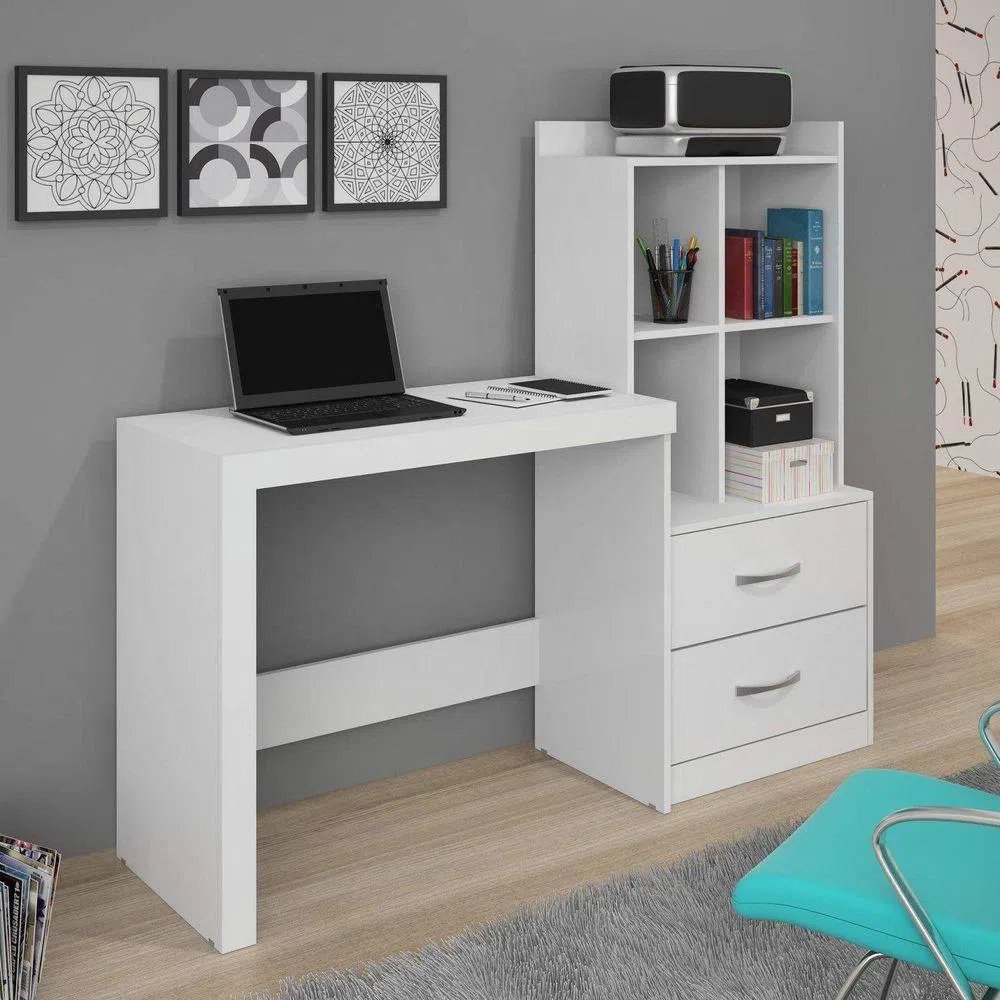 Escrivaninha Mesa Escritório com Estante Alana 2 Gavetas 4 Nichos 141cm Branco Branco