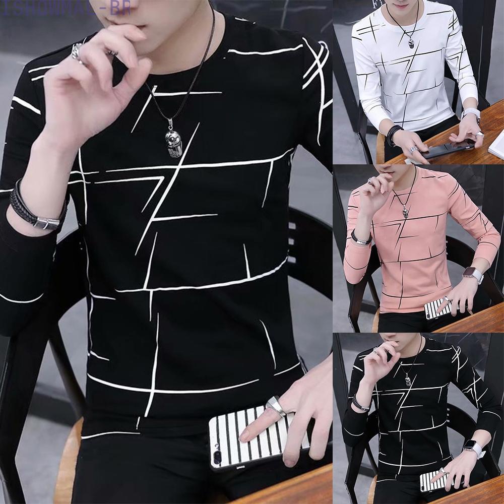 [BIG DISCOUNT]Mens Crew Neck Print T Shirt Blouse Pullover Long-Sleeve Slim Fit Muscle Top