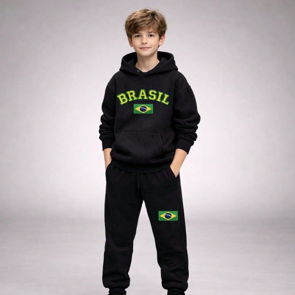 Conjunto Moletom Infantil Brasil Masculino com Capuz Roupa Infantil Inverno Menino Calça Blusa Casaco Quentinho