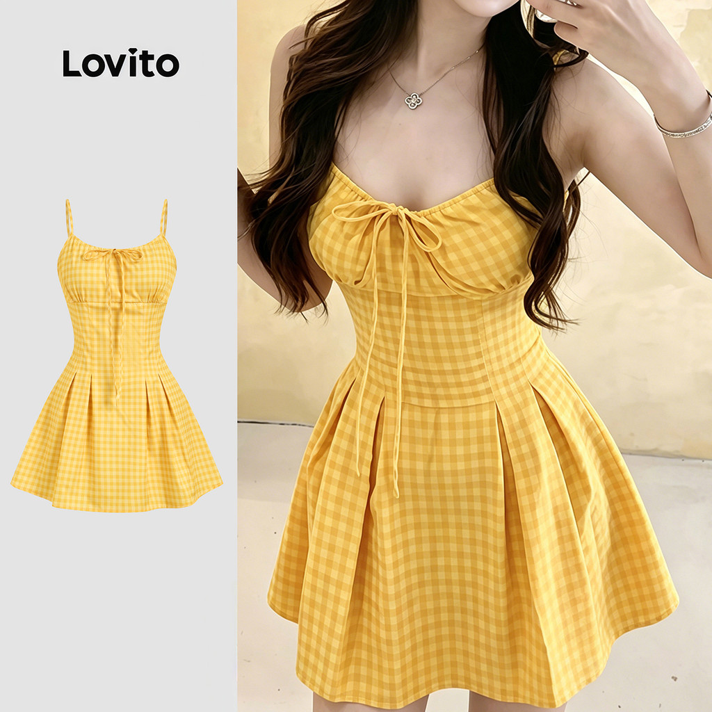 Lovito Vestido Casual Amarelo Primavera/verão com Pregas e Laço Frontal para Mulheres LK5ED1023