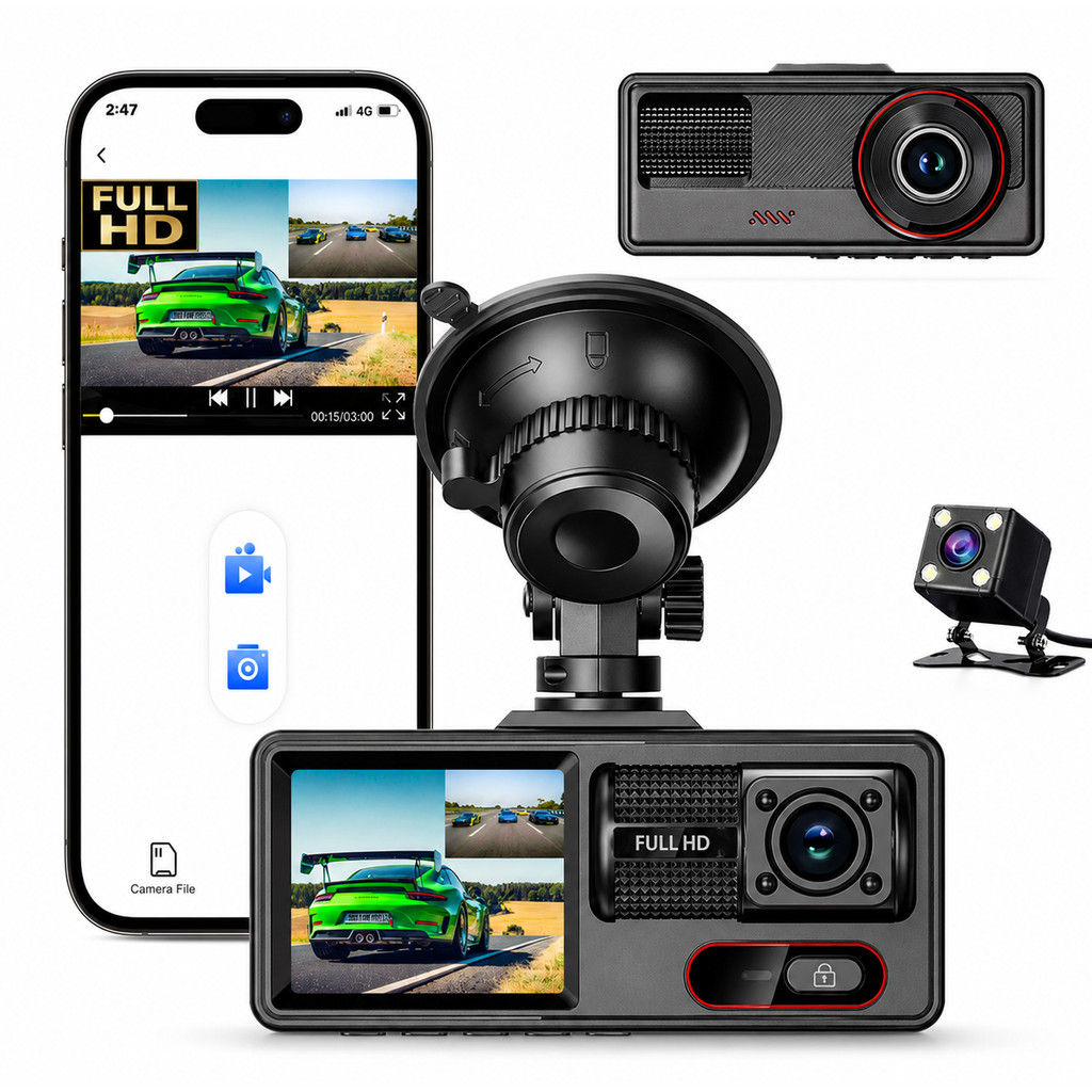 Câmera Veicular Inteligente 3 Canais Full HD WiFi Gravação Contínua e Sensor Ré