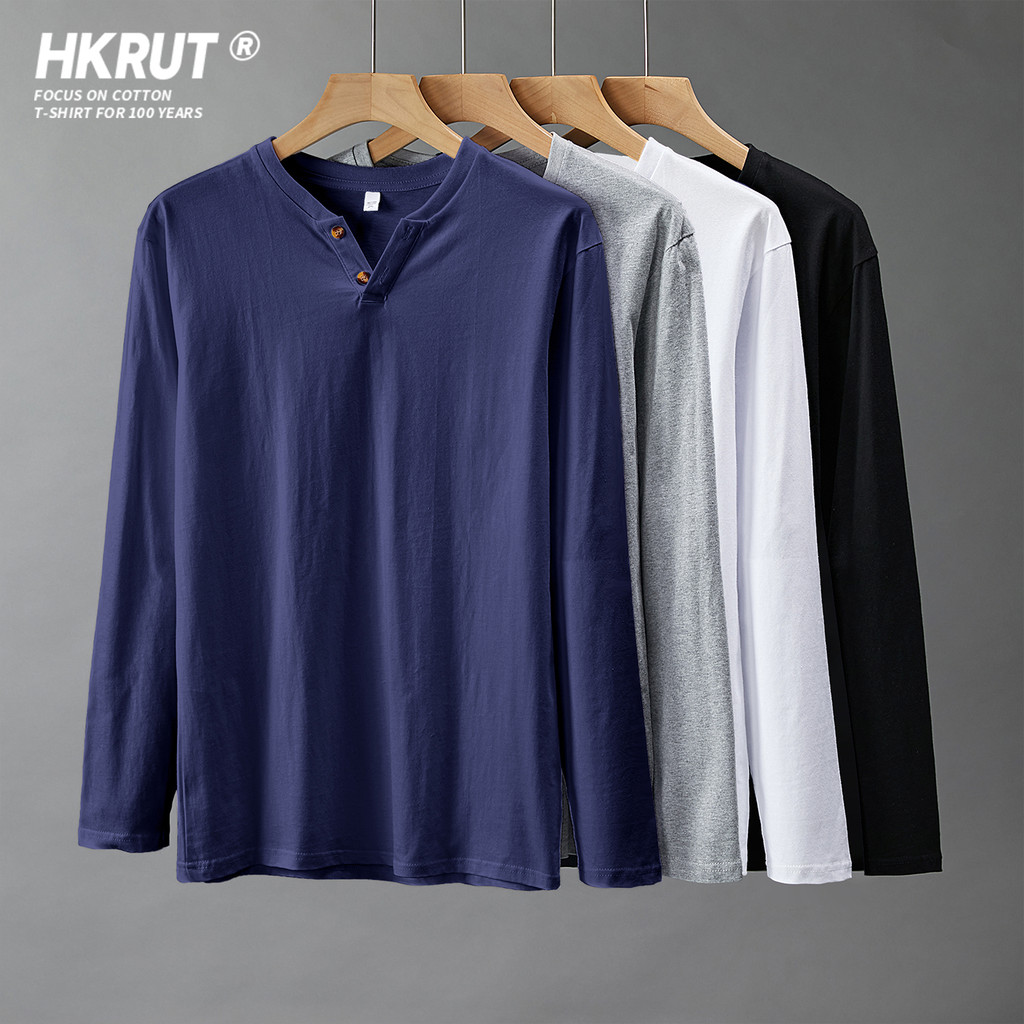 Primavera diário Casual juventude Popular puro algodão com decote em V botão de manga comprida camiseta masculina solta 